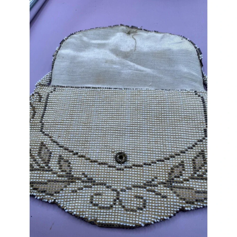 Vintage Beaded Evening Bag Purse Womens Ivory Cream Floral Flap Handheld *READ*